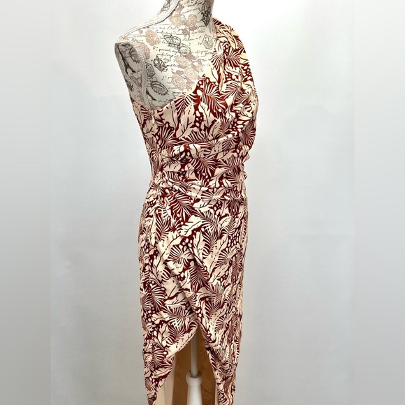 ALEXIA ADMOR Brown and cream ALESSI palm print one shoulder midi dress size 2 - Picture 9 of 16